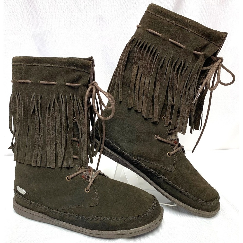 Women's Woolrich Pocono Creek Fringe Moccasin Boots Dark Brown Suede Size 10